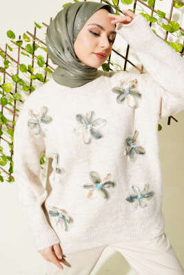 Tül Çiçek Süslemeli Triko Tunik Bej 