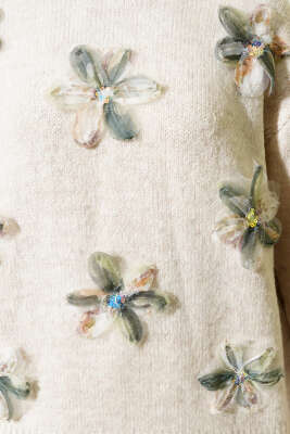 Tül Çiçek Süslemeli Triko Tunik Bej - Triko Tunik