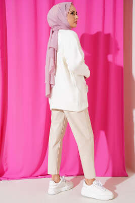 Tül Çiçek Süslemeli Triko Tunik Ekru - Triko Tunik