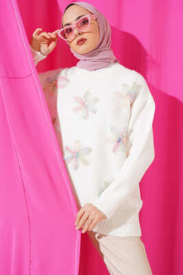 Tül Çiçek Süslemeli Triko Tunik Ekru 