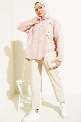 Tül Çiçek Süslemeli Triko Tunik Pudra 