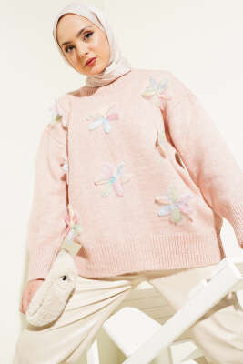 Tül Çiçek Süslemeli Triko Tunik Pudra - Triko Tunik