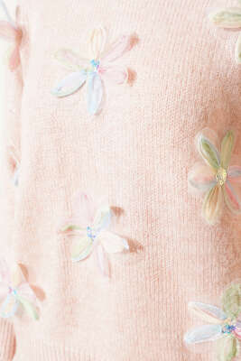 Tül Çiçek Süslemeli Triko Tunik Pudra - Triko Tunik