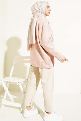 Tül Çiçek Süslemeli Triko Tunik Pudra - Triko Tunik