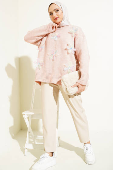 Tül Çiçek Süslemeli Triko Tunik Pudra - Tunik
