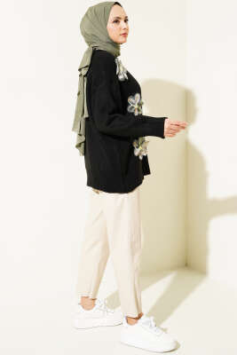 Tül Çiçek Süslemeli Triko Tunik Siyah - Triko Tunik