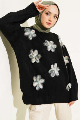 Tül Çiçek Süslemeli Triko Tunik Siyah 