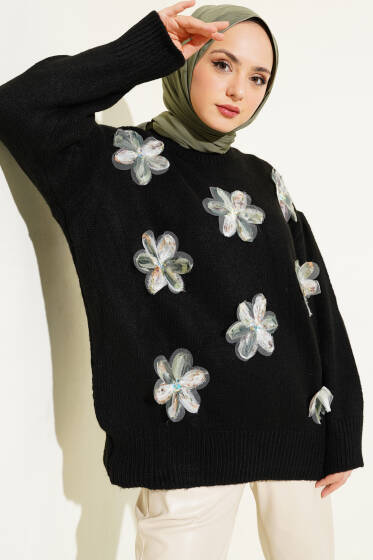 Tül Çiçek Süslemeli Triko Tunik Siyah - Tunik