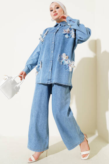 Tül Çiçekli Çıtçıt Düğmeli Kot İkili Takım Mavi - İkili Takım