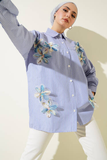 Tül Çiçekli Çizgili Gömlek Lacivert - Gömlek