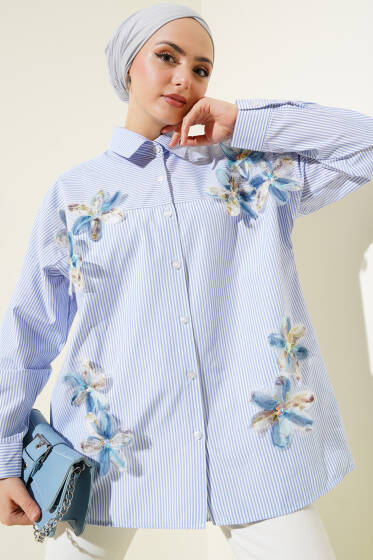 Tül Çiçekli Çizgili Gömlek Mavi - Gömlek