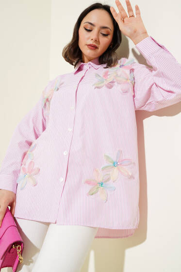 Tül Çiçekli Çizgili Gömlek Pembe - Gömlek