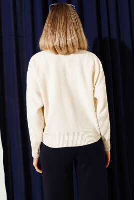 Tül Çiçekli Düğmeli Triko Kısa Hırka Bej Mavi - Yılın Fırsatı