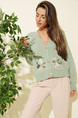 Tül Çiçekli Düğmeli Triko Kısa Hırka Çağla Yeşili 