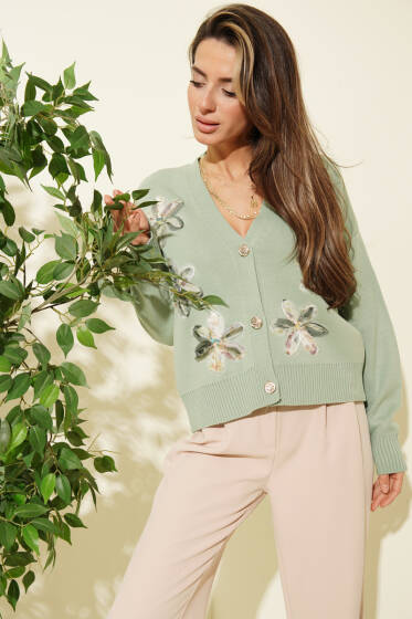 Tül Çiçekli Düğmeli Triko Kısa Hırka Çağla Yeşili - Yılın Fırsatı