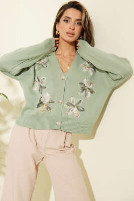 Tül Çiçekli Düğmeli Triko Kısa Hırka Çağla Yeşili - Yılın Fırsatı