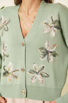 Tül Çiçekli Düğmeli Triko Kısa Hırka Çağla Yeşili - Yılın Fırsatı