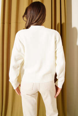 Tül Çiçekli Düğmeli Triko Kısa Hırka Ekru Haki - Kadın Giyim Modelleri