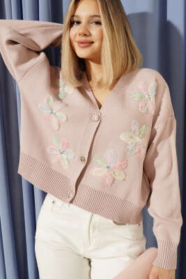 Tül Çiçekli Düğmeli Triko Kısa Hırka Gül Kurusu 