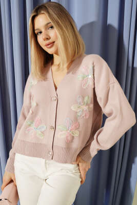 Tül Çiçekli Düğmeli Triko Kısa Hırka Gül Kurusu - Kadın Giyim Modelleri