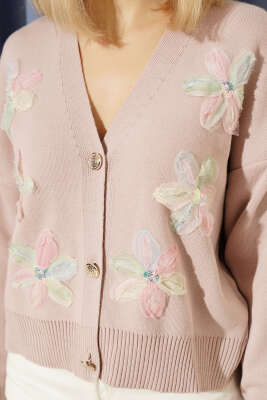 Tül Çiçekli Düğmeli Triko Kısa Hırka Gül Kurusu - Kadın Giyim Modelleri