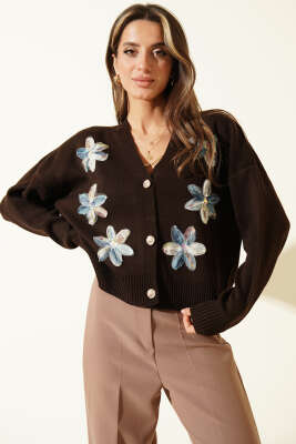 Tül Çiçekli Düğmeli Triko Kısa Hırka Kahve 