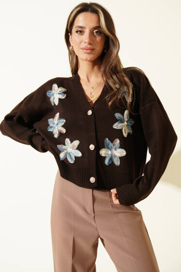 Tül Çiçekli Düğmeli Triko Kısa Hırka Kahve - Yılın Fırsatı
