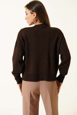 Tül Çiçekli Düğmeli Triko Kısa Hırka Kahve - Yılın Fırsatı