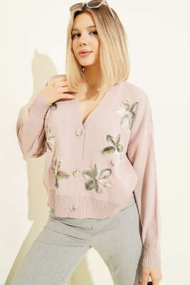 Tül Çiçekli Düğmeli Triko Kısa Hırka Pudra Yeşil - Yılın Fırsatı