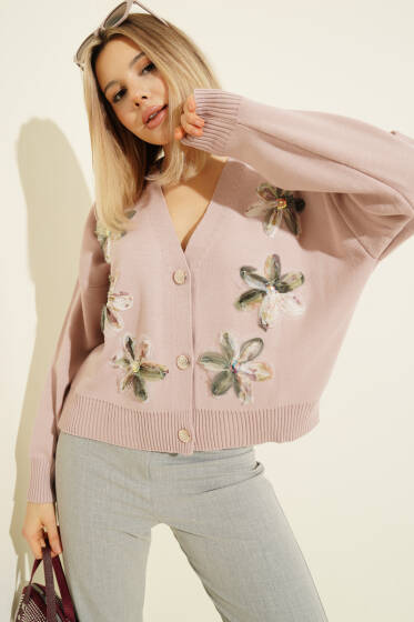 Tül Çiçekli Düğmeli Triko Kısa Hırka Pudra Yeşili - Kadın Giyim Modelleri