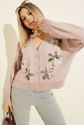 Tül Çiçekli Düğmeli Triko Kısa Hırka Pudra Yeşili - VANİZA TRİKO