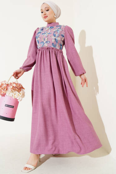 Tül Çiçekli Elbise Gül Kurusu - Elbise