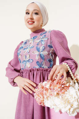 Tül Çiçekli Elbise Gül Kurusu - Tesettür Elbise