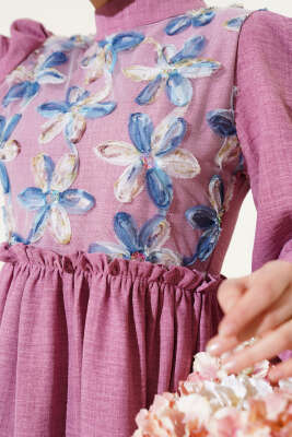 Tül Çiçekli Elbise Gül Kurusu - Tesettür Elbise