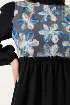 Tül Çiçekli Elbise Siyah - Tesettür Elbise