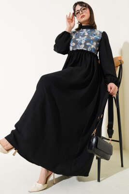 Tül Çiçekli Elbise Siyah