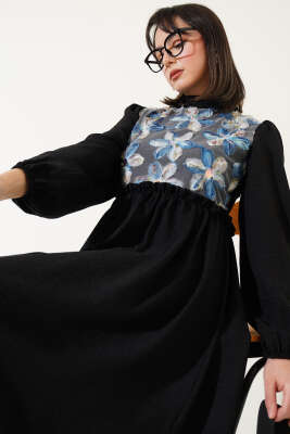 Tül Çiçekli Elbise Siyah - Tesettür Elbise