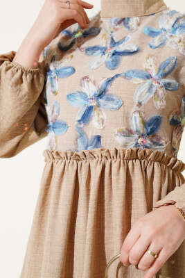 Tül Çiçekli Elbise Vizon - Tesettür Elbise