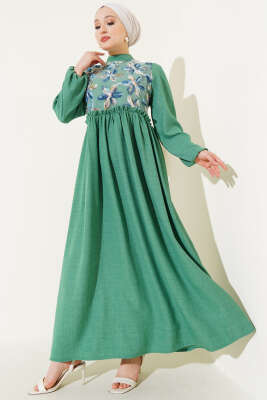 Tül Çiçekli Elbise Yeşil 