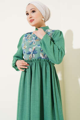 Tül Çiçekli Elbise Yeşil - Tesettür Elbise