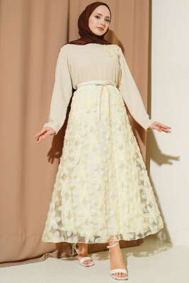 Tül Çiçekli Etekli İkili Takım Bej - TEGOE