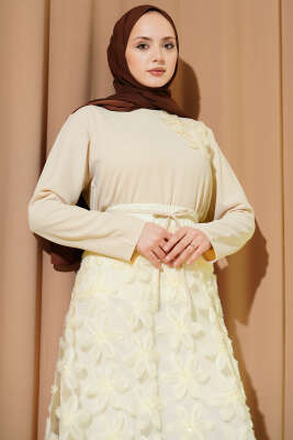 Tül Çiçekli Etekli İkili Takım Bej - İkili Takım