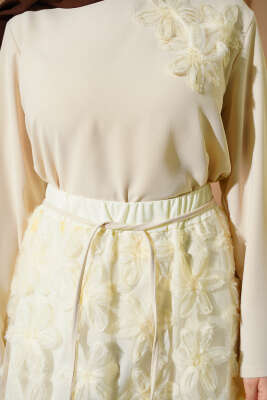 Tül Çiçekli Etekli İkili Takım Bej - İkili Takım