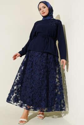 Tül Çiçekli Etekli İkili Takım Lacivert 