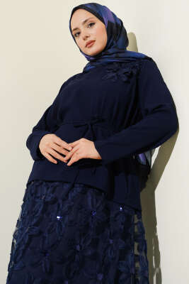 Tül Çiçekli Etekli İkili Takım Lacivert - İkili Takım