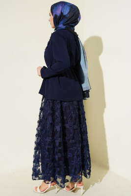 Tül Çiçekli Etekli İkili Takım Lacivert - İkili Takım