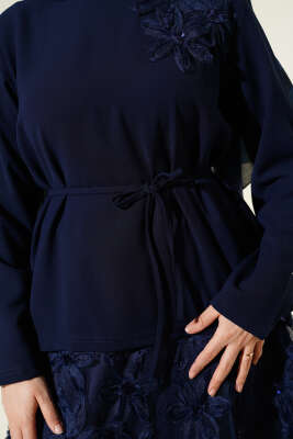 Tül Çiçekli Etekli İkili Takım Lacivert - İkili Takım