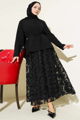 Tül Çiçekli Etekli İkili Takım Siyah - TEGOE