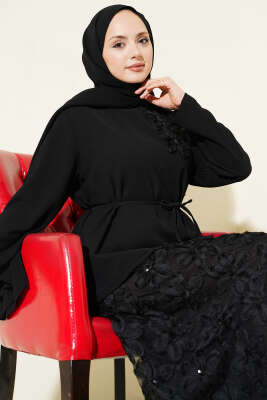 Tül Çiçekli Etekli İkili Takım Siyah - İkili Takım