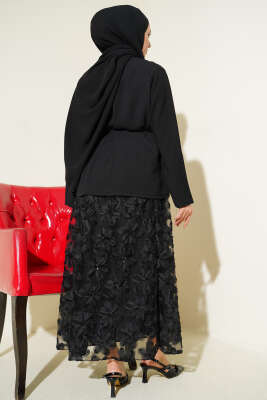 Tül Çiçekli Etekli İkili Takım Siyah - İkili Takım